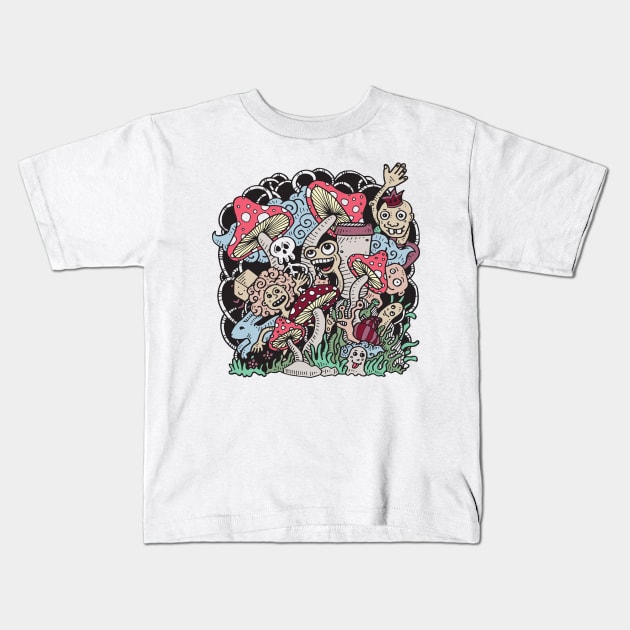 Doodle creatures and mashrooms Kids T-Shirt by Toto Hello